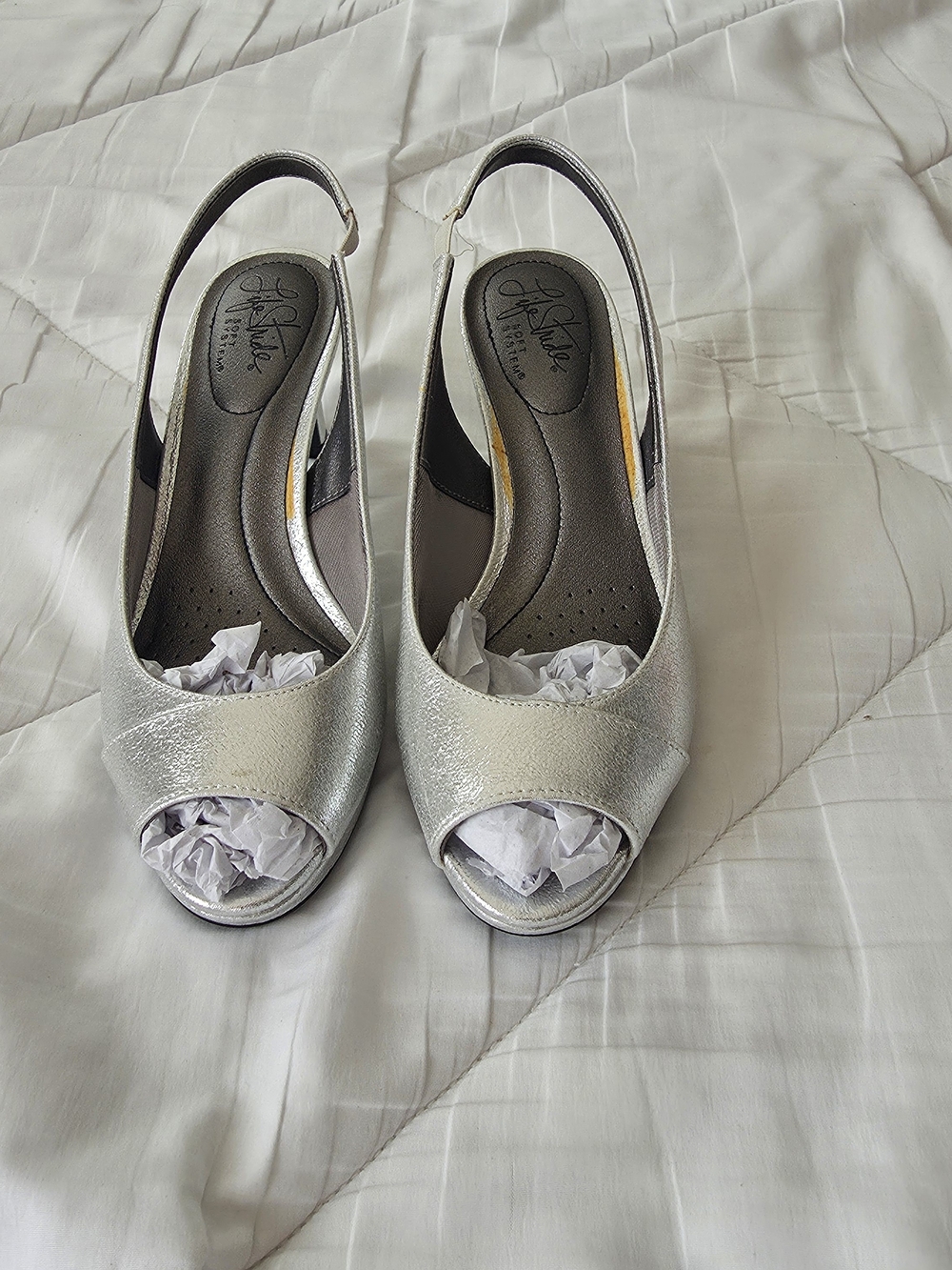 Life Stride Silver Metallic Peep-Toe Slingback Heels